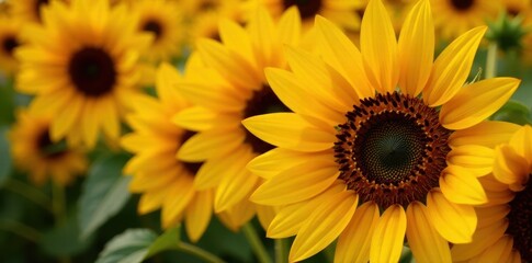 Obraz premium Sunflowers close-up; vibrant yellow petals, dark centers, botanical, closeup, macro photography