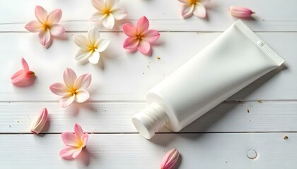 Close-up of jasmine flowers and a cosmetic cream tube on a clean white marble surface, soft natural light, focus on the delicate texture of the petals.