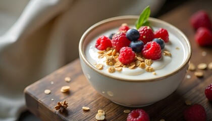 yogurt with muesli and berries on a wooden table