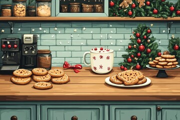 Festive kitchen Christmas cookies, hot drink, and tree