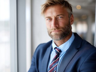 A man in a suit and tie looking out a window