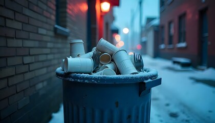 pile of crumpled plastic cups and forks on blue background