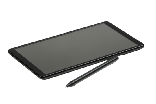 Dark gray tablet computer, angled, rests on a flat surface, with a stylus attached.