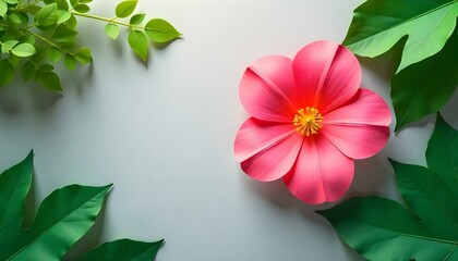 top view of pink paper flower and green plants with leaves on grey background