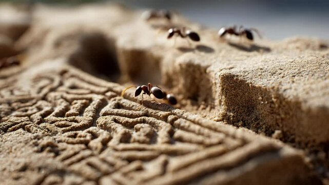 A close-up view of ants navigating detailed carvings in sand, showcasing the fascinating world of tiny creatures and their interactions with their environment.