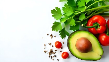 Top view of parsley, chili pepper, cherry tomatoes and avocado half on white background
