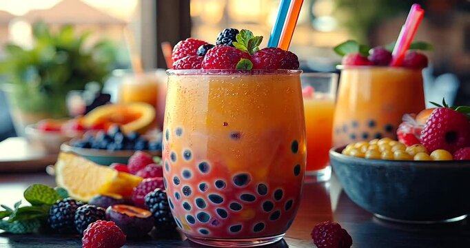 Refreshing fruit smoothie with colorful berries and tapioca pearls, served in a vibrant caf&eacute; setting