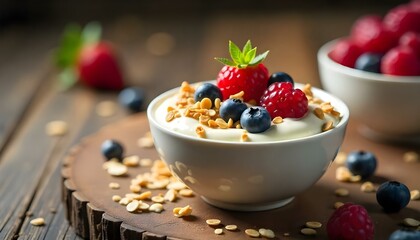 yogurt with muesli and berries on a wooden table