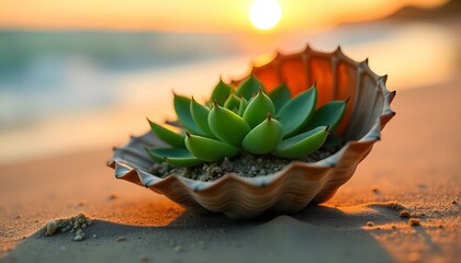 close up view of green tropical succulents in decorative seashell