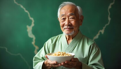 cropped image of man holding white bowl with cornflakes on marble background