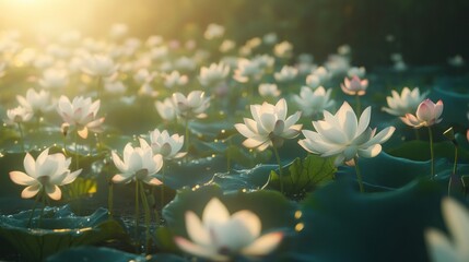 Luminous lotus blossoms bathed in golden light