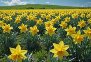 Obraz premium A carpet of cheerful yellow daffodils blooming under a clear blue sky in a verdant field , spring, botany, botanical