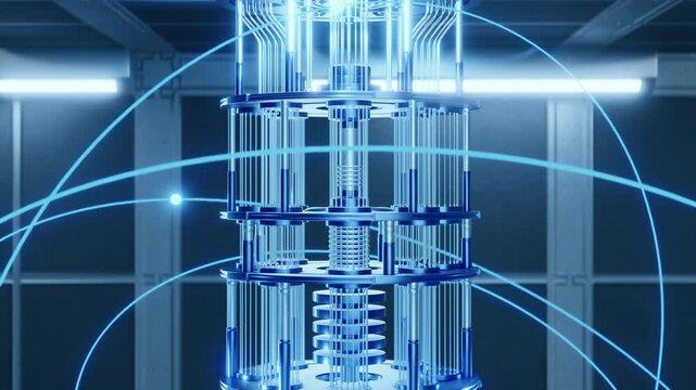Detailed close-up of a quantum computer with glowing atomic orbits, inside a high-tech futuristic laboratory, advanced digital science.