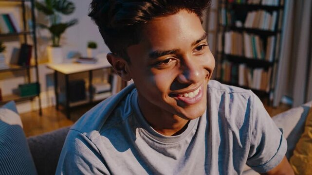 A young man smiles in a cozy living room, captured in a close-up, eye-level angle. The warm lighting adds a friendly vibe, ideal for a casual video chat. Live desktop wallpaper.