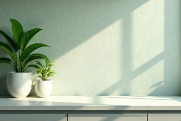 Serene Indoor Scene with Plants on a Light Countertop Against a Soft Green Wall, Bathed in Sunlight