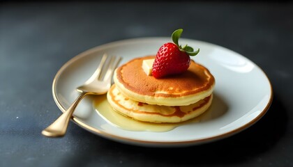 selective focus of pancakes with strawberries and golden cutlery on white plate isolated on grey