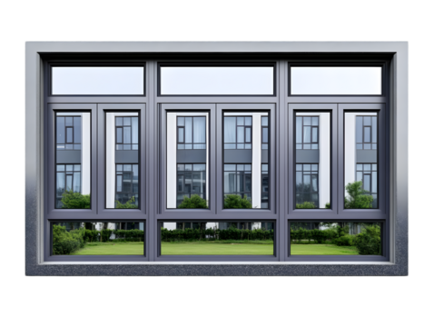 Realistic Illustration Of Gray Window With View Of Cityscape And Green Landscape - Isolated Background