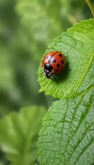 Fototapeta premium A ladybug rests on a vibrant green leaf against a blurred garden background , summer, colorful, seven spotted ladybug