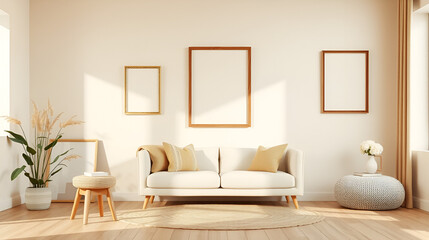 Mockup, beige, pastel living room interior in boho style, old frames, baguette stot on the floor, stool, flowers in a pot, decor, 3D rendering, template