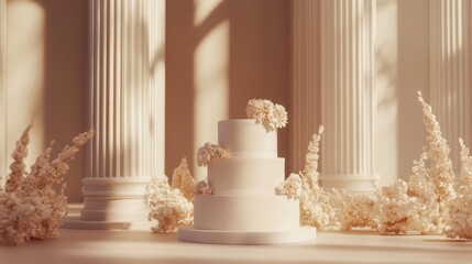 Elegant white tiered cake, classical columns, floral accents