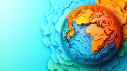 Colorful 3D paper cut of the Earth, layered with vibrant, textured continents and oceans