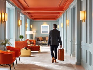 Fototapeta premium Modern hotel corridor with vibrant decor and guest walking with luggage