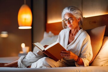 Woman Reading A Book In Cozy Bedtime Setting Under Warm Lighting