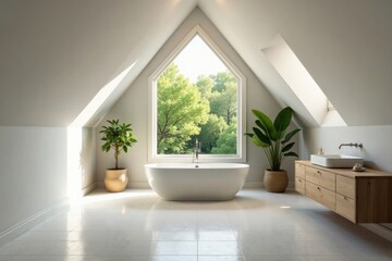 Serene Attic Bathroom with Freestanding Tub and Lush Greenery, Bathed in Natural Light from a Large Triangular Window