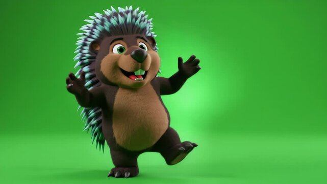 Cartoon hedgehog with raised arms against a green background