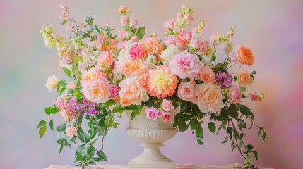 Fototapeta premium Urn floral centerpiece with trailing vines and soft pastel petals