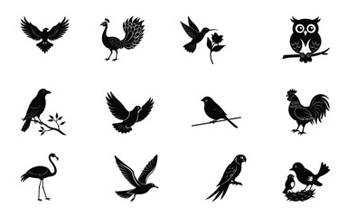 set of birds silhouettes on white background