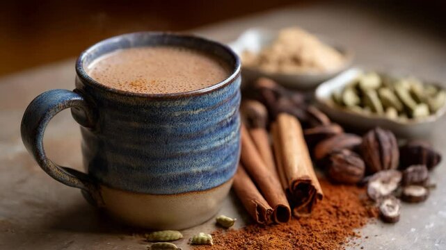 A rustic cup of cocoa sits surrounded by various spices, including cinnamon and cardamom, capturing a cozy and comforting ambiance perfect for chilly days.