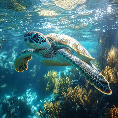 Obraz premium A tranquil scene of a lone sea turtle gliding through the water, surrounded by soft corals and seaweed