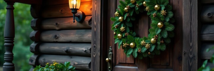 Dark green & gold wreath on rustic cabin door , decor, winter