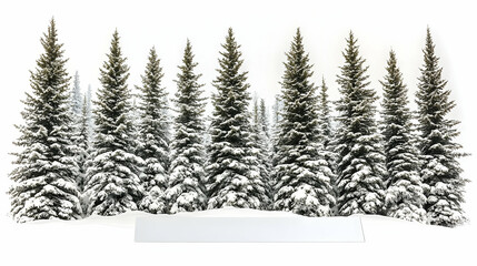 Snow-covered evergreen trees in a row, against a white background.  Dense, tall, coniferous trees blanketed in snow, creating a winter scene