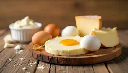 tasty organic dairy products and eggs on rustic wooden table isolated on beige