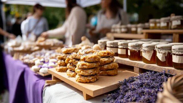 An inviting scene from an organic market, featuring stacks of cookies and jars of honey, perfect for showcasing the charm and variety found at farmer's markets.