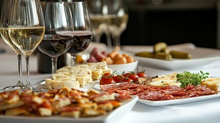 White linen table with wine and charcuterie.