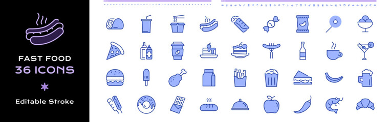 Fast Food Line Icons Related To Food And Drink - Editable Vector Stroke Color.