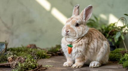 Sweet photorealistic portrait of a fluffy white bunny rabbit sitting upright. Around its neck is a simple 'necklace' made of twine with a small, realistic carrot charm hanging from it