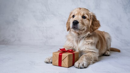 Cute photorealistic portrait of a Golden Retriever puppy sitting and looking curiously upwards. It has a small, neatly wrapped gift box 