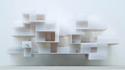 Abstract architectural model, a gridded, interconnected, light-filled structure with multiple levels and openings