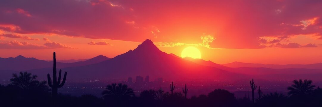 Camelback Mountain silhouette at sunset, Phoenix skyline visible , horizon, twilight, America
