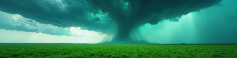 Fototapeta premium Dark, swirling vortex of a tornado over flat, green Great Plains under stormy sky , powerful, meteorological, hazard