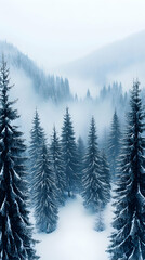 Snowy, misty mountain valley with evergreen trees.  A serene winter landscape, covered in snow and fog