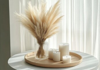 Pampas Grass and White Candles on Woven Tray in Sunlit Room