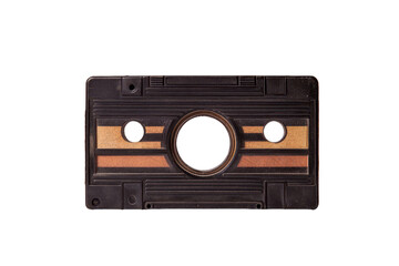 Obraz premium Close-up view of a worn, black audio cassette, showcasing faded, stripes, and a round hole.