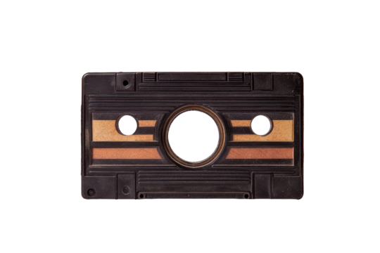 Close-up view of a worn, black audio cassette, showcasing faded, stripes, and a round hole.