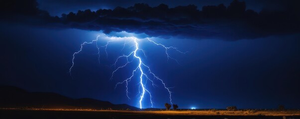 Electric blue lightning strike, dark night sky, bolt, bright
