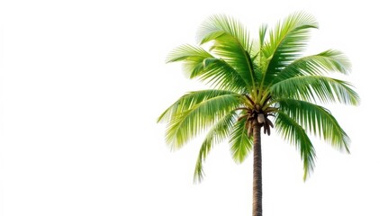 Single coconut palm tree, lush green foliage, white background, silhouette, coconut background, high resolution